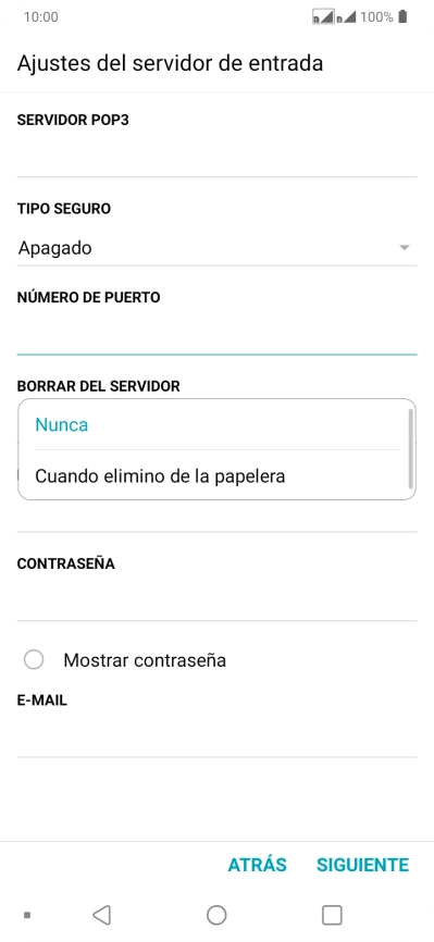Pulsa Nunca para conservar los correos electrónicos en el servidor cuando los borras del teléfono.