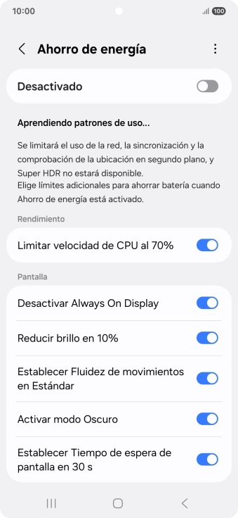Pulsa el indicador junto a los ajustes deseados para activarlos o desactivarlos.