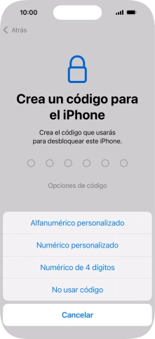 Sigue las indicaciones de la pantalla para activar el uso del código de seguridad o pulsa No usar código.