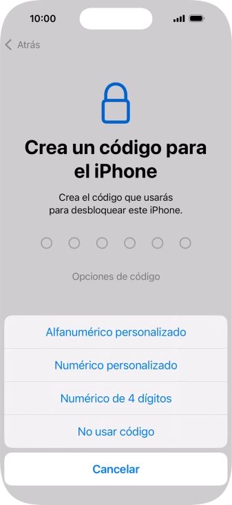 Sigue las indicaciones de la pantalla para activar el uso del código de seguridad o pulsa No usar código.