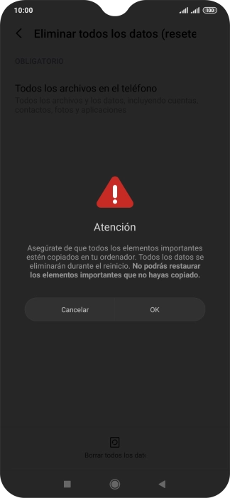 Pulsa OK. Espera unos instantes mientras el teléfono restablece la configuración predeterminada. Sigue las indicaciones de la pantalla para configurar el teléfono y dejarlo listo para su uso.