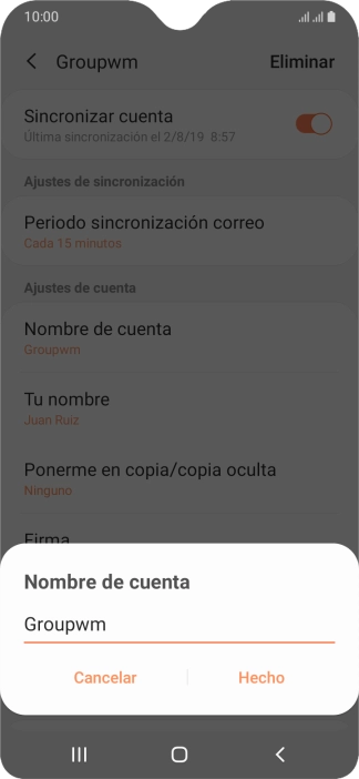 Introduce el nombre deseado de la cuenta de correo electrónico y pulsa Hecho.