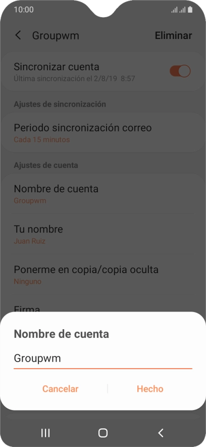 Introduce el nombre deseado de la cuenta de correo electrónico y pulsa Hecho.