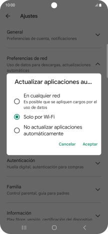 Para activar la actualización automática de apps utilizando la red móvil, pulsa En cualquier red.