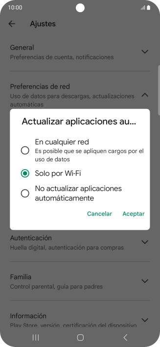 Para activar la actualización automática de apps utilizando la red móvil, pulsa En cualquier red.