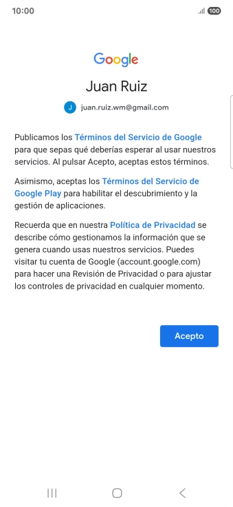 Pulsa Acepto y sigue las indicaciones de la pantalla para seleccionar los ajustes de tu cuenta de Google.