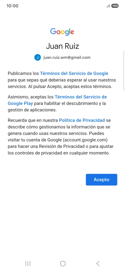 Pulsa Acepto y sigue las indicaciones de la pantalla para seleccionar los ajustes de tu cuenta de Google.