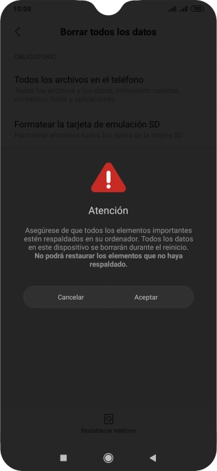 Pulsa Aceptar. Espera unos instantes mientras el teléfono restablece la configuración predeterminada. Sigue las indicaciones de la pantalla para configurar el teléfono y dejarlo listo para su uso.