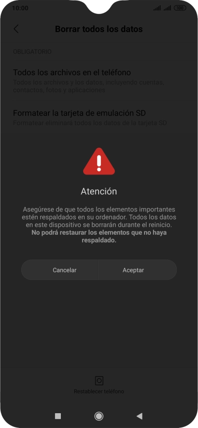Pulsa Aceptar. Espera unos instantes mientras el teléfono restablece la configuración predeterminada. Sigue las indicaciones de la pantalla para configurar el teléfono y dejarlo listo para su uso.