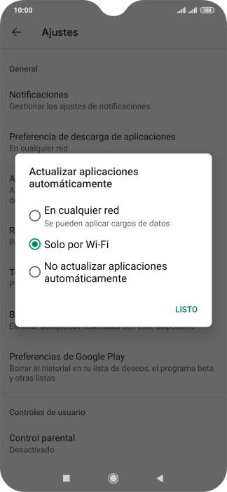 Para activar la actualización automática de apps utilizando la red móvil, pulsa En cualquier red.