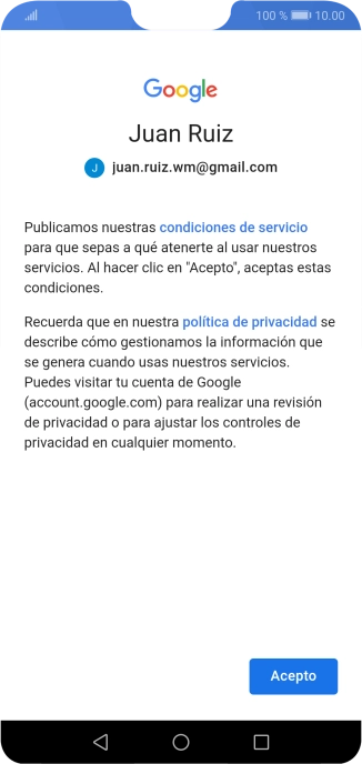 Pulsa Acepto y sigue las indicaciones de la pantalla para seleccionar los ajustes de tu cuenta de Google.