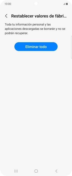 Pulsa Eliminar todo. Espera unos instantes mientras el teléfono restablece la configuración predeterminada. Sigue las indicaciones de la pantalla para configurar el teléfono y dejarlo listo para su uso.