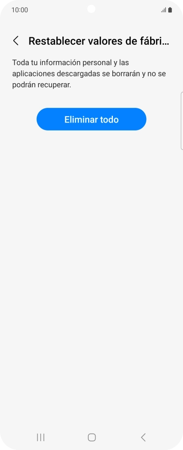 Pulsa Eliminar todo. Espera unos instantes mientras el teléfono restablece la configuración predeterminada. Sigue las indicaciones de la pantalla para configurar el teléfono y dejarlo listo para su uso.