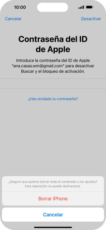 Introduce la contraseña de tu ID de Apple y pulsa Borrar iPhone. Espera unos instantes mientras el teléfono restablece la configuración predeterminada. Sigue las indicaciones de la pantalla para configurar el teléfono y dejarlo listo para su uso.