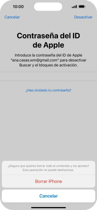 Introduce la contraseña de tu ID de Apple y pulsa Borrar iPhone. Espera unos instantes mientras el teléfono restablece la configuración predeterminada. Sigue las indicaciones de la pantalla para configurar el teléfono y dejarlo listo para su uso.