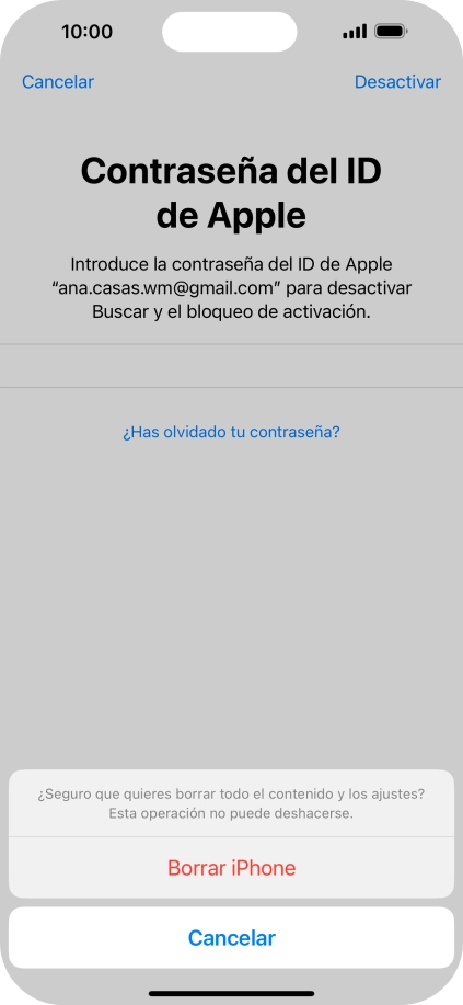 Introduce la contraseña de tu ID de Apple y pulsa Borrar iPhone. Espera unos instantes mientras el teléfono restablece la configuración predeterminada. Sigue las indicaciones de la pantalla para configurar el teléfono y dejarlo listo para su uso.