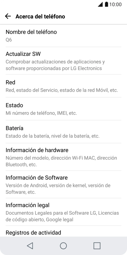 Pulsa Actualizar SW. Si hay una versión de software nueva disponible, aparecerá ahora en la pantalla. Sigue las indicaciones de la pantalla para actualizar el software del teléfono.