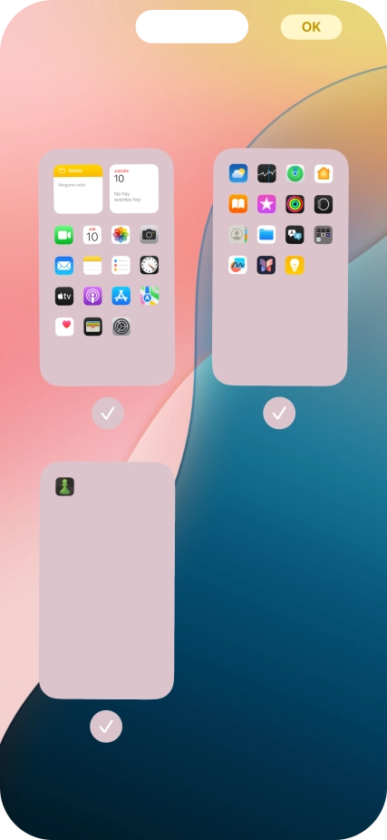Pulsa en los campos bajo las páginas deseadas de la pantalla de inicio para activar o desactivar la visualización de páginas.