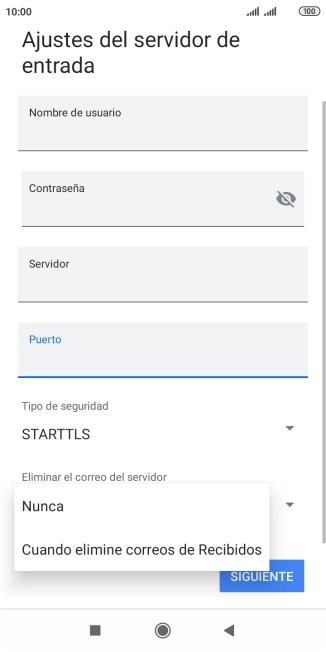 Pulsa Nunca para conservar los correos electrónicos en el servidor cuando los borras del teléfono.