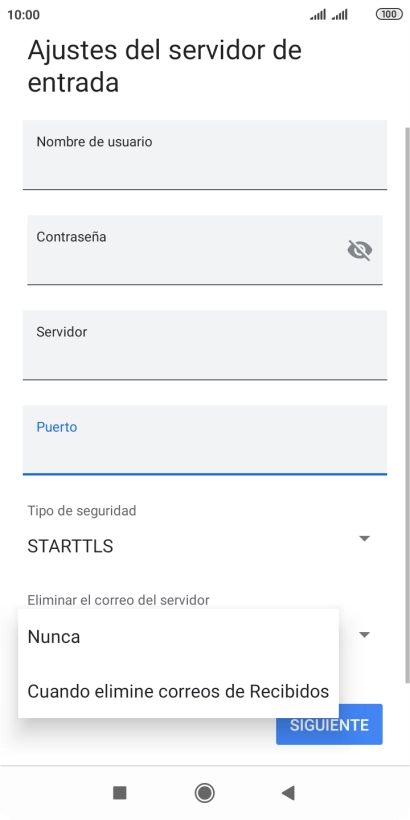 Pulsa Nunca para conservar los correos electrónicos en el servidor cuando los borras del teléfono.