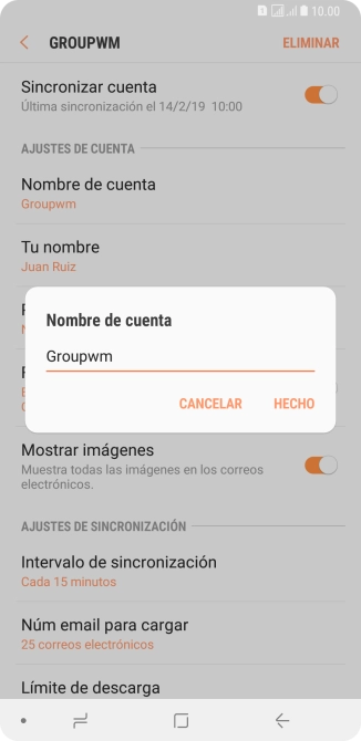 Introduce el nombre deseado de la cuenta de correo electrónico y pulsa HECHO.