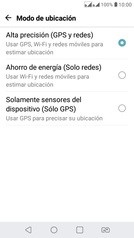 Si seleccionas Alta precisión (GPS y redes), el teléfono podrá encontrar tu posición exacta con ayuda de los satélites GPS, la red móvil y una red wifi cercana. El GPS por satélite requiere vista libre al cielo.