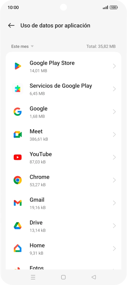 El consumo de datos por cada aplicación aparece bajo el nombre de la aplicación.