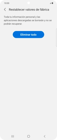 Pulsa Eliminar todo. Espera unos instantes mientras el teléfono restablece la configuración predeterminada. Sigue las indicaciones de la pantalla para configurar el teléfono y dejarlo listo para su uso.