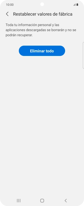 Pulsa Eliminar todo. Espera unos instantes mientras el teléfono restablece la configuración predeterminada. Sigue las indicaciones de la pantalla para configurar el teléfono y dejarlo listo para su uso.