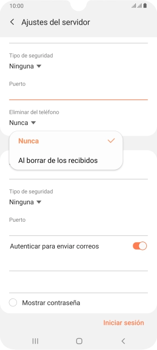 Pulsa Nunca para conservar los correos electrónicos en el servidor cuando los borras del teléfono.