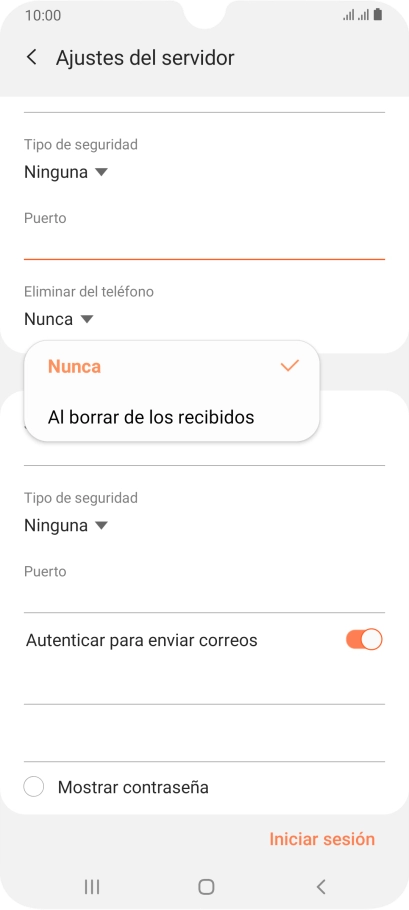 Pulsa Nunca para conservar los correos electrónicos en el servidor cuando los borras del teléfono.