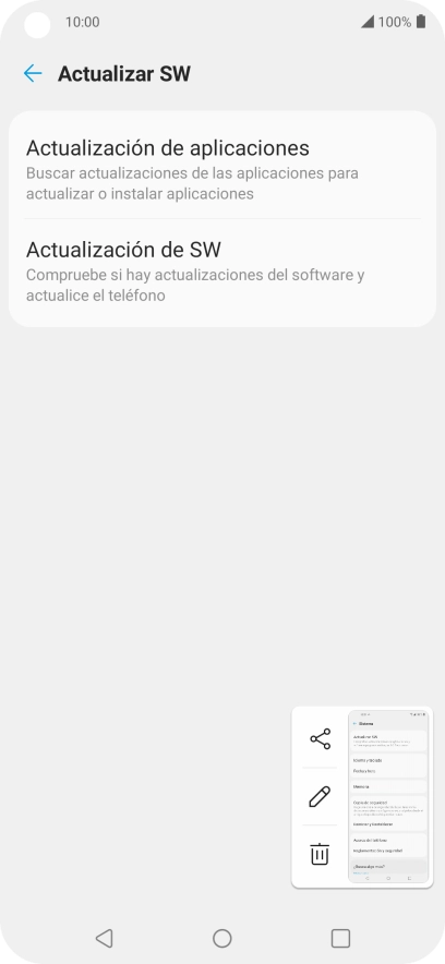 Pulsa Actualización de SW. Si hay una versión de software nueva disponible, aparecerá ahora en la pantalla. Sigue las indicaciones de la pantalla para actualizar el software del teléfono.