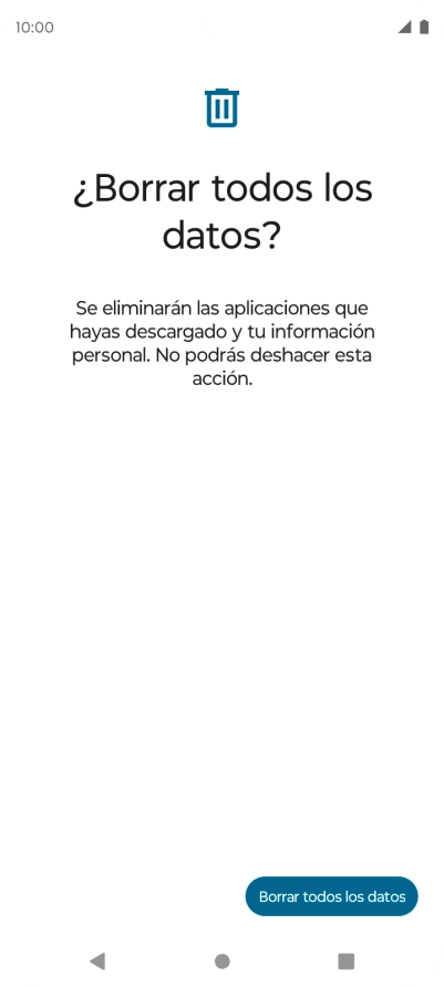 Pulsa Borrar todos los datos. Espera unos instantes mientras el teléfono restablece la configuración predeterminada. Sigue las indicaciones de la pantalla para configurar el teléfono y dejarlo listo para su uso.