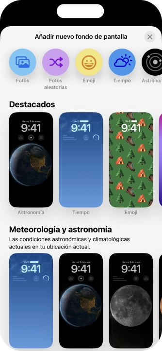 Pulsa una categoría y sigue las indicaciones de la pantalla para seleccionar la imagen de fondo deseada.