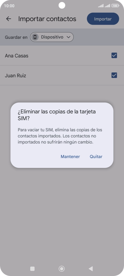 Si deseas conservar los contactos importados en la tarjeta SIM, pulsa Mantener.