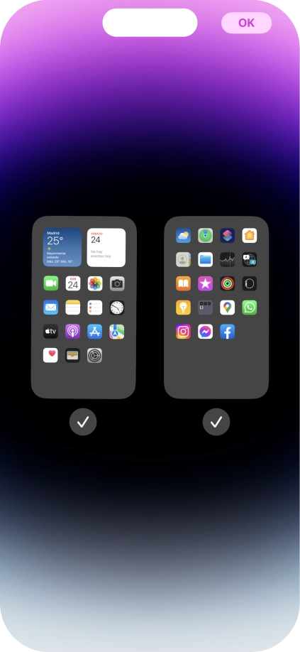 Pulsa en los campos bajo las páginas deseadas de la pantalla de inicio para activar o desactivar la visualización de páginas.