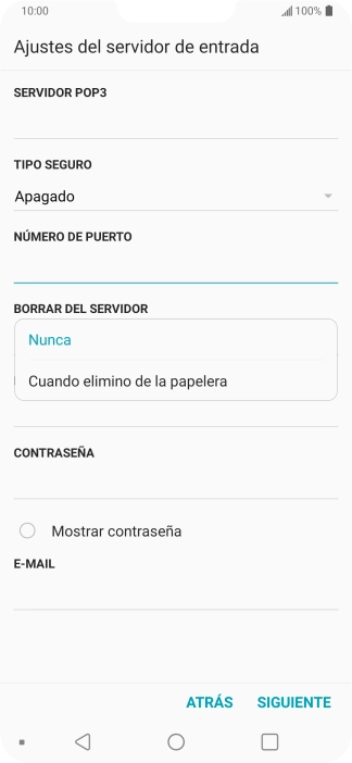 Pulsa Nunca para conservar los correos electrónicos en el servidor cuando los borras del teléfono.