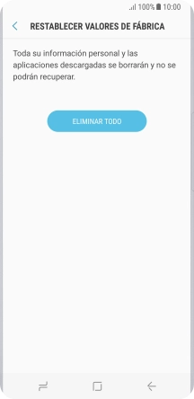 Pulsa ELIMINAR TODO. Espera unos instantes mientras el teléfono restablece la configuración predeterminada. Sigue las indicaciones de la pantalla para configurar el teléfono y dejarlo listo para su uso.