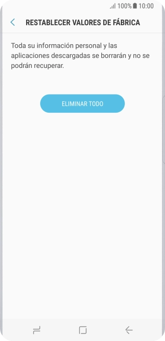 Pulsa ELIMINAR TODO. Espera unos instantes mientras el teléfono restablece la configuración predeterminada. Sigue las indicaciones de la pantalla para configurar el teléfono y dejarlo listo para su uso.