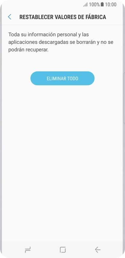 Pulsa ELIMINAR TODO. Espera unos instantes mientras el teléfono restablece la configuración predeterminada. Sigue las indicaciones de la pantalla para configurar el teléfono y dejarlo listo para su uso.