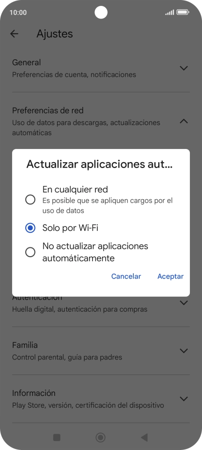Para activar la actualización automática de apps a través de la red móvil, pulsa el campo junto a 