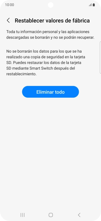 Pulsa Eliminar todo. Espera unos instantes mientras el teléfono restablece la configuración predeterminada. Sigue las indicaciones de la pantalla para configurar el teléfono y dejarlo listo para su uso.