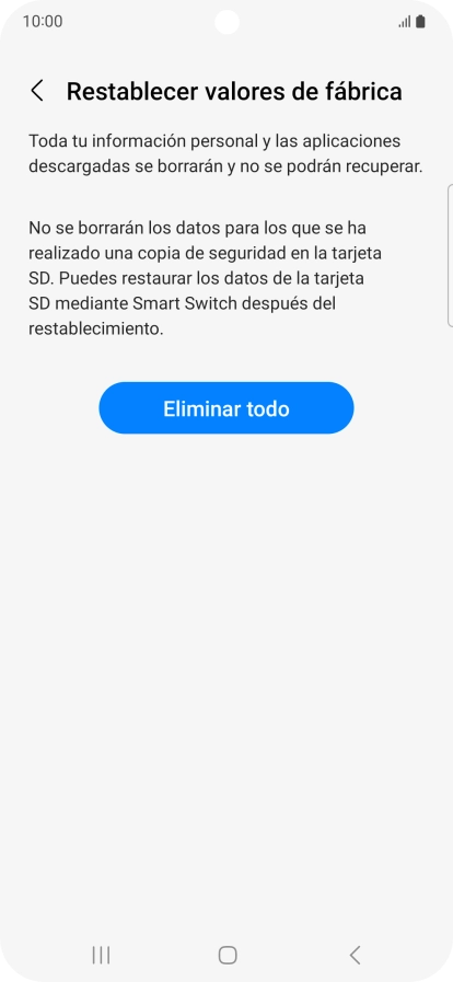 Pulsa Eliminar todo. Espera unos instantes mientras el teléfono restablece la configuración predeterminada. Sigue las indicaciones de la pantalla para configurar el teléfono y dejarlo listo para su uso.