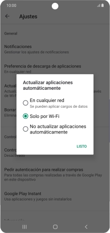 Para activar la actualización automática de apps utilizando la red móvil, pulsa En cualquier red.