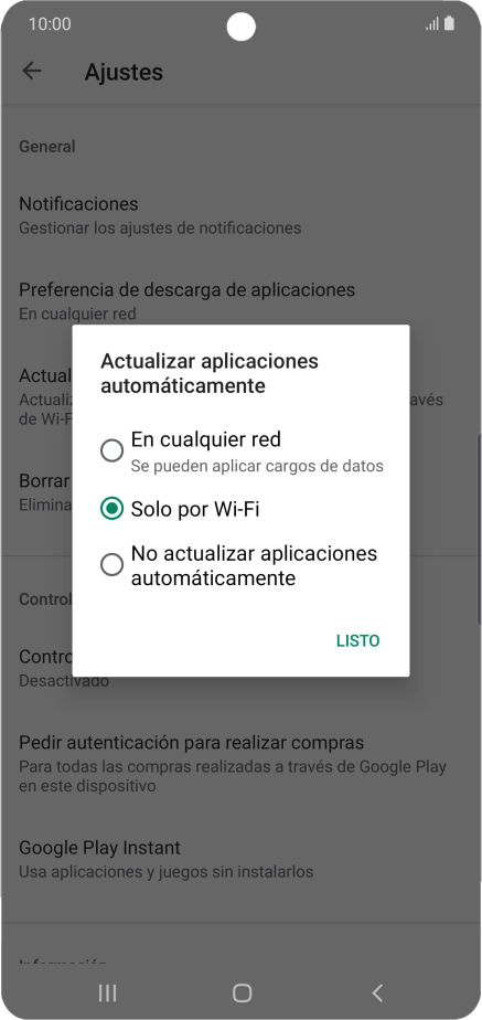 Para activar la actualización automática de apps utilizando la red móvil, pulsa En cualquier red.
