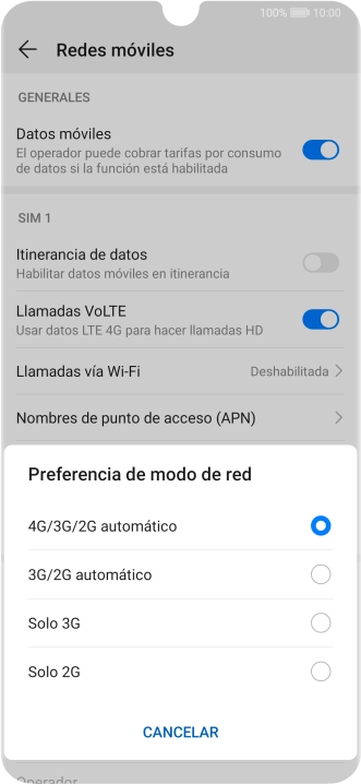 Pulsa el tipo de red deseado.