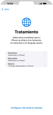 Sigue las indicaciones de la pantalla para elegir la forma de tratamiento deseada en el teléfono, es decir, el masculino, el femenino o una forma de tratamiento neutra o pulsa Configurar más tarde en Ajustes.