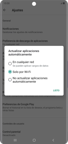 Para activar la actualización automática de apps utilizando la red móvil, pulsa En cualquier red.