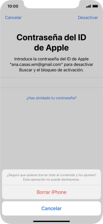 Introduce la contraseña de tu ID de Apple y pulsa Borrar iPhone. Espera unos instantes mientras el teléfono restablece la configuración predeterminada. Sigue las indicaciones de la pantalla para configurar el teléfono y dejarlo listo para su uso.