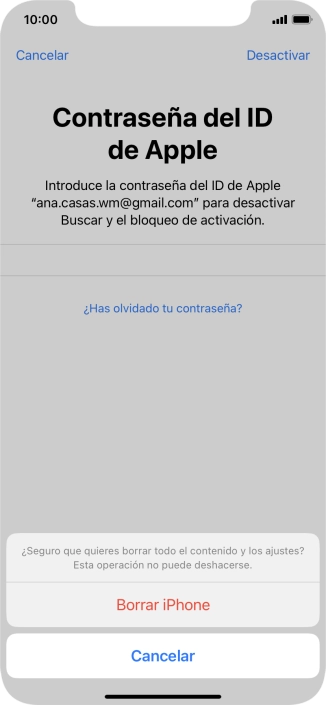 Introduce la contraseña de tu ID de Apple y pulsa Borrar iPhone. Espera unos instantes mientras el teléfono restablece la configuración predeterminada. Sigue las indicaciones de la pantalla para configurar el teléfono y dejarlo listo para su uso.